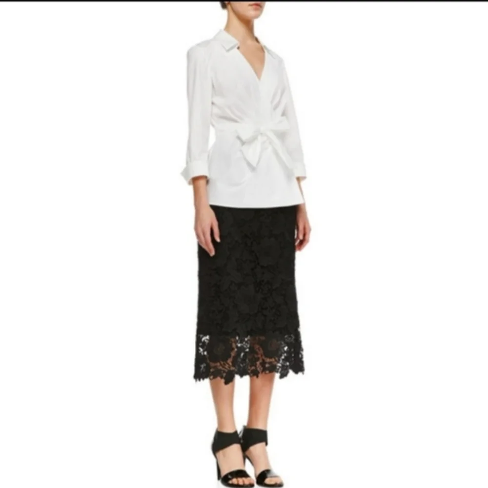 Lafayette 148 New York Over the Knee Black Lace Overlay Pencil Skirt Sz 8
